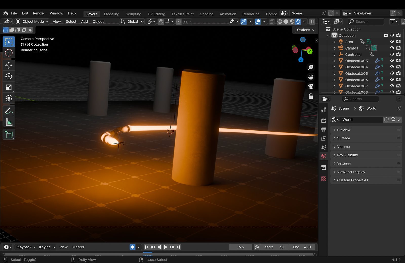 Blender editor view of a glowing obstacle course animation