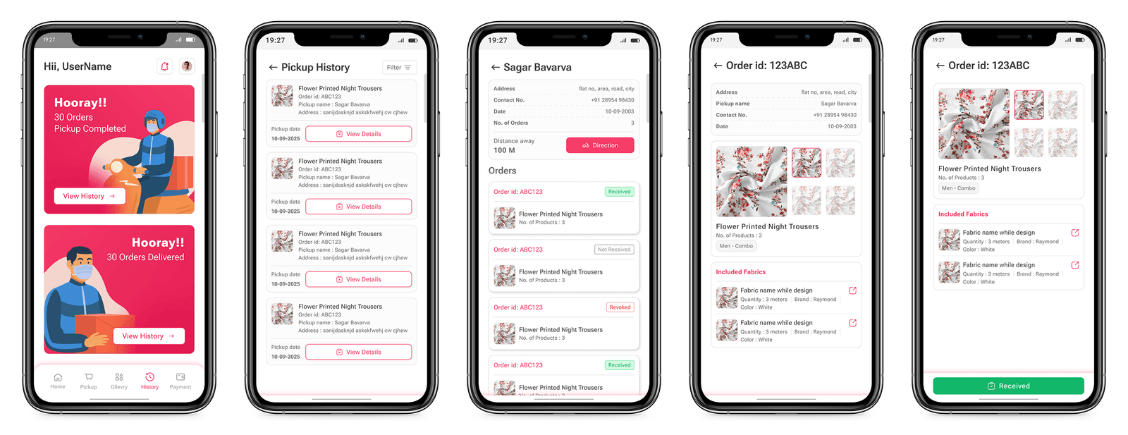 Five Fabric Manager and Delivery screens: a home screen with pickup and delivery milestone cards, a Pickup History list, a customer detail page showing distance away and a Direction button, a pickup order detail, and an order detail with a green Received action.