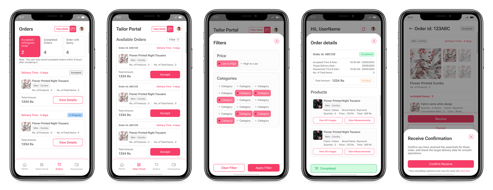 Five Tailor-mode screens: an Orders screen with Accepted/InProgress, Completed and Query counts, a Tailor Portal listing available orders with Accept buttons, a filter sheet with price sort and category chips, an order detail sheet, and a Receive Confirmation dialog.